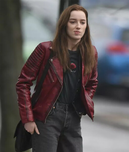 Alexandra Bank Of Dave Phoebe Dynevor Maroon Leather Jacket