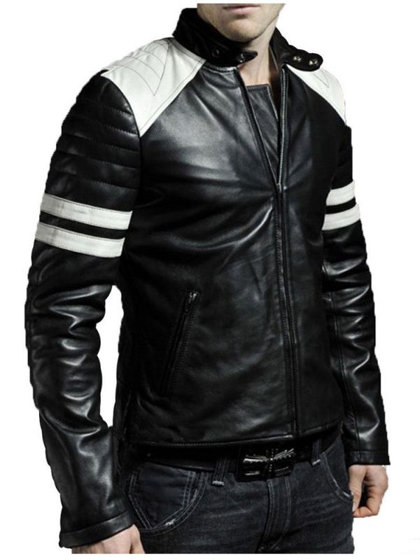 Men’s Hjm009 Biker Snap Tab Collar White Striped Black Leather Jacket