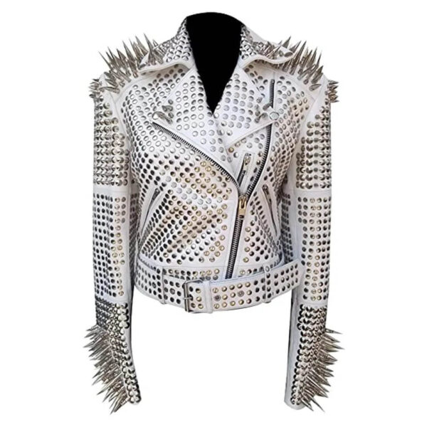 White Punk Silver Long Spiked Studded Biker Leather Jacket.