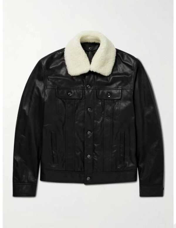 Shearling Trimmed Padded Black Leather Jacket For Men